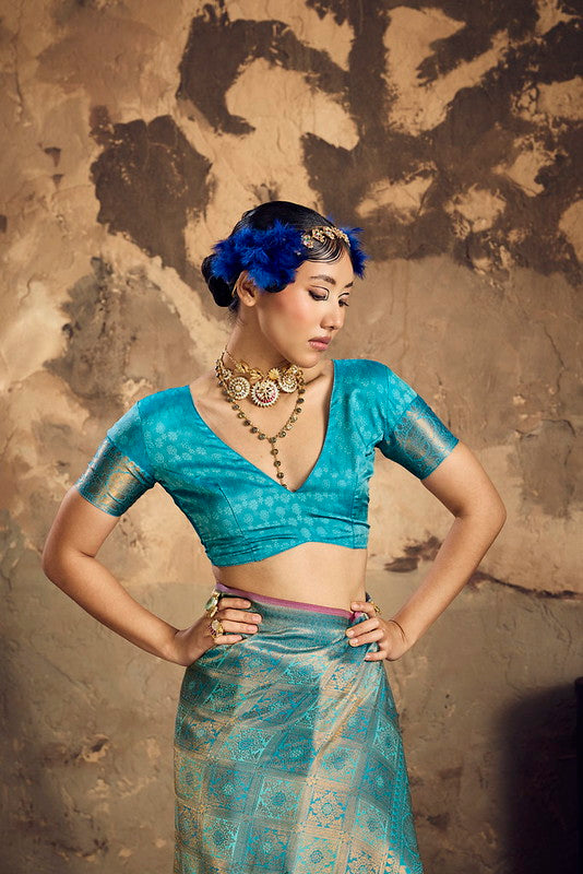 STORI Turquoise Handloom Woven Silk Saree