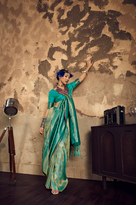 STORI Peacock Green Handloom Woven Silk Saree