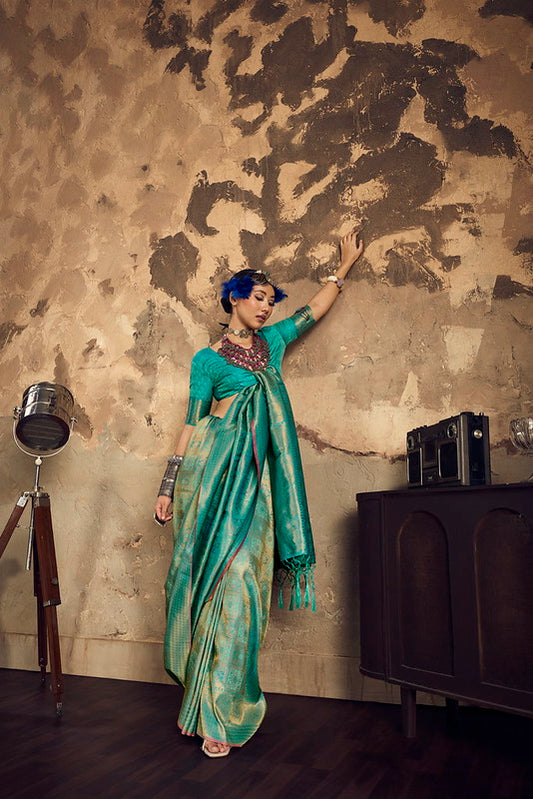 STORI Peacock Green Handloom Woven Silk Saree