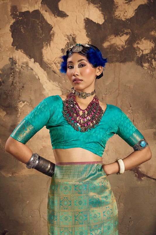 STORI Peacock Green Handloom Woven Silk Saree