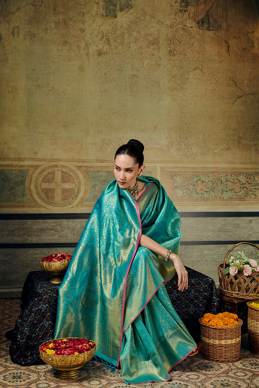  STORI Teal green  Handloom Silk Saree