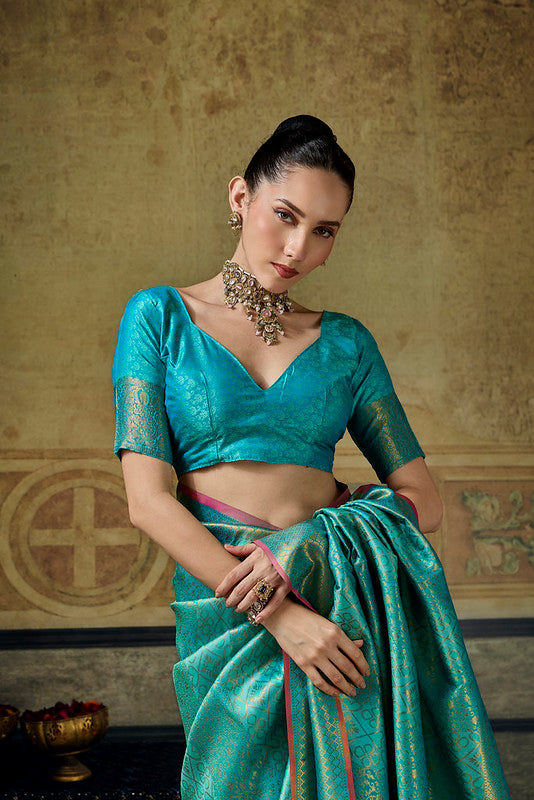  STORI Teal green  Handloom Silk Saree