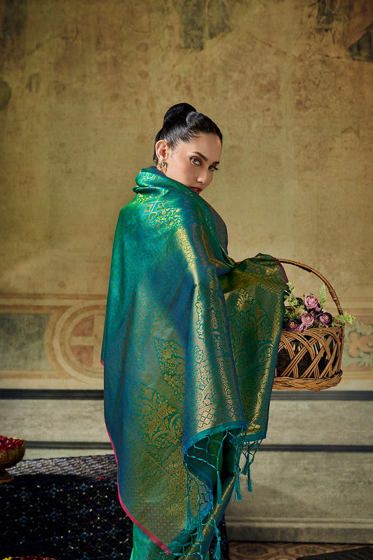 STORI Peacock green Handloom Silk Saree