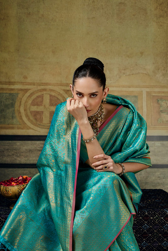  STORI Teal green  Handloom Silk Saree