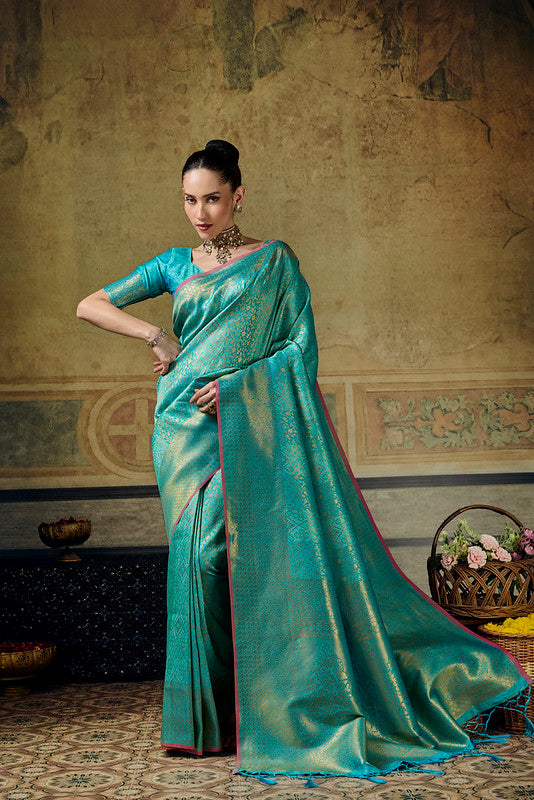  STORI Teal green  Handloom Silk Saree