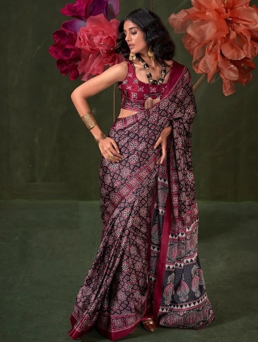 Black & Red Ajrakh Printed Saree