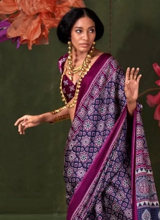 Purple & Blue Ajrakh Printed Saree