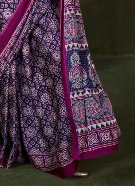 Purple & Blue Ajrakh Printed Saree