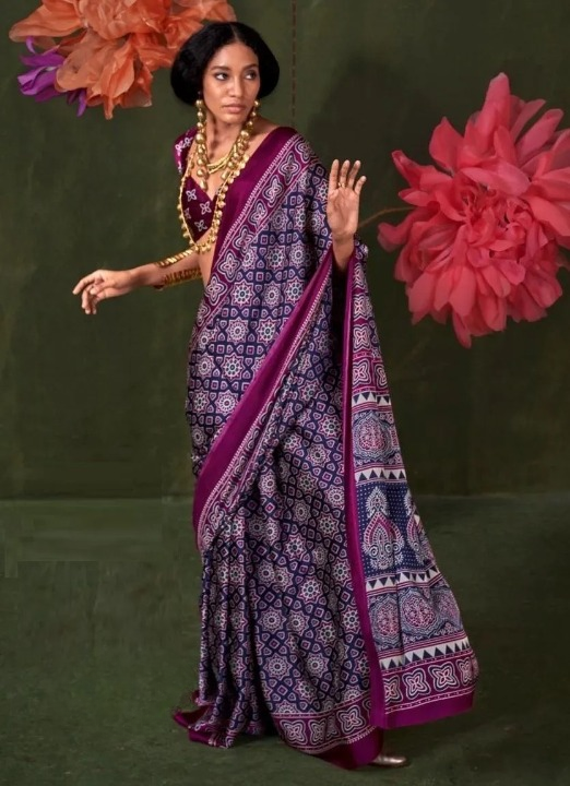 Purple & Blue Ajrakh Printed Saree