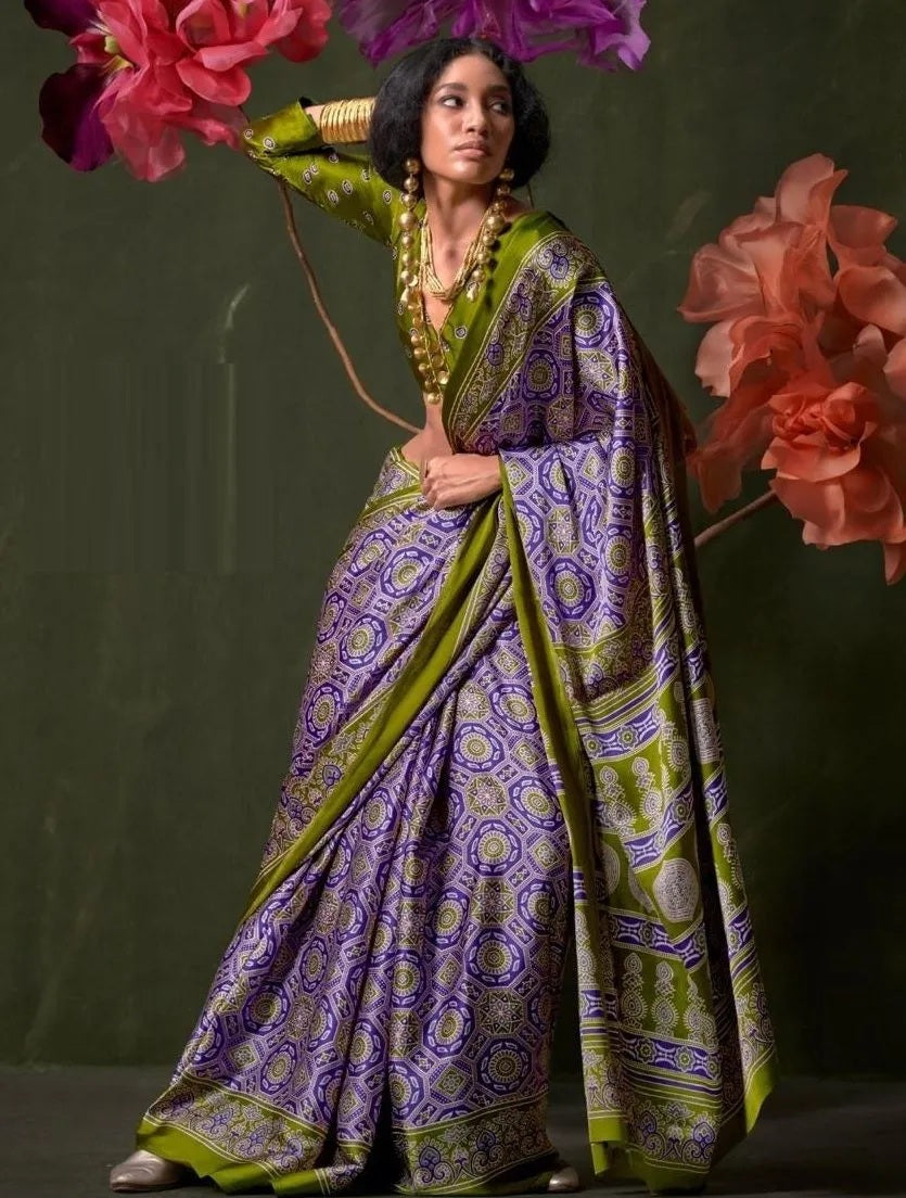 Purple & Green Ajrakh Printed Saree