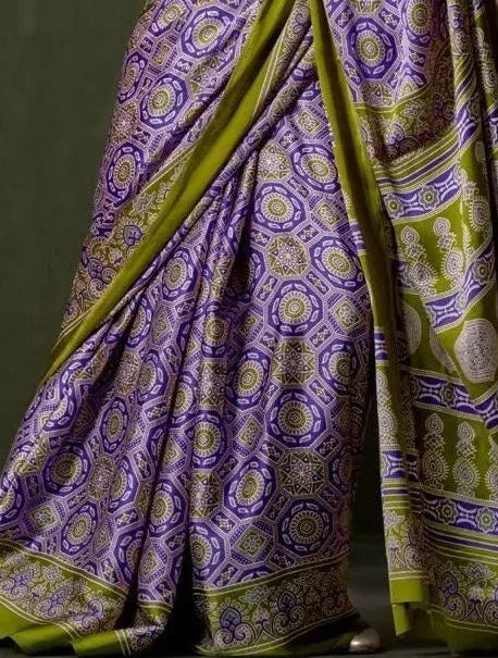 Purple & Green Ajrakh Printed Saree