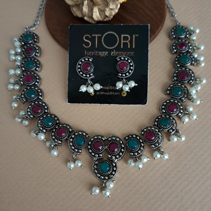 Rutuja Studded Stone Oxidised Necklace Set