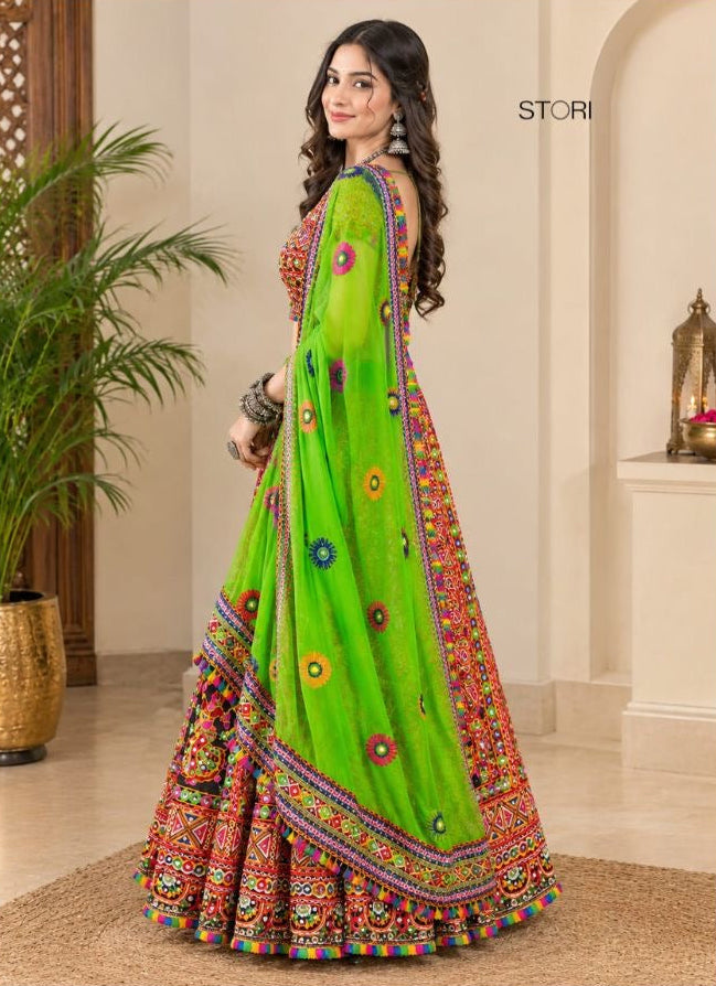 Parrot Green Heavy embroidery Kali pattern Lehenga Choli Set
