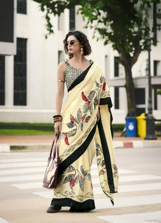 Buy Cream Sattin Silk Sarees Online-STORI