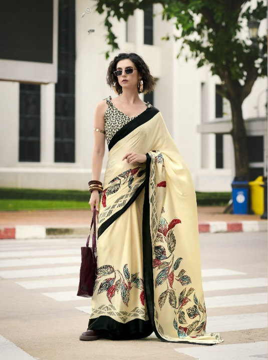 Buy Cream Sattin Silk Sarees Online-STORI