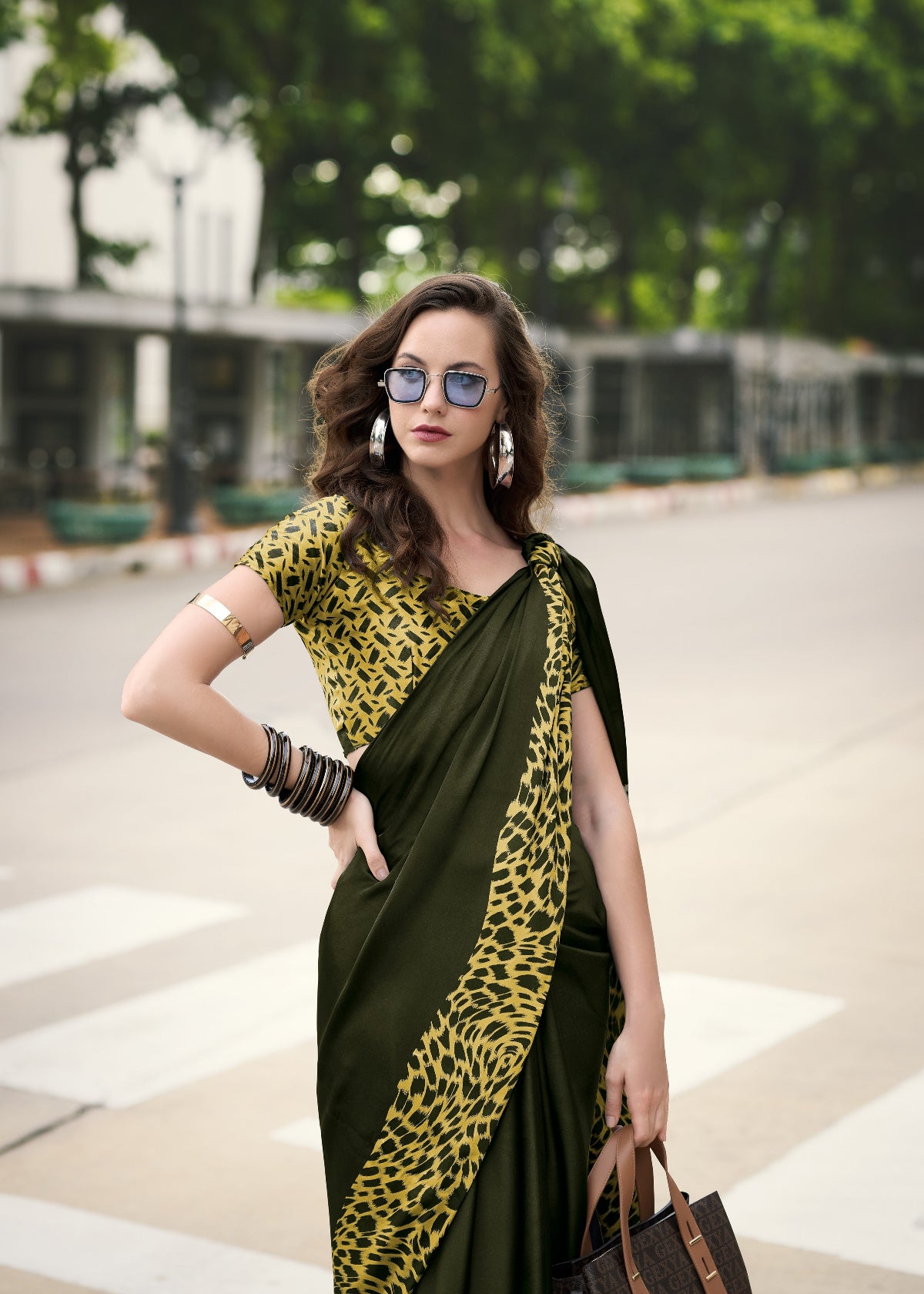 Buy Olive Satin Silk Sarees Online-STORI