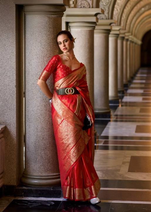 Bridal Red Woven Satin Silk Saree