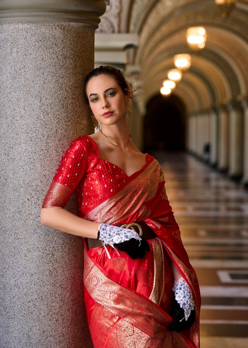 Bridal Red Woven Satin Silk Saree