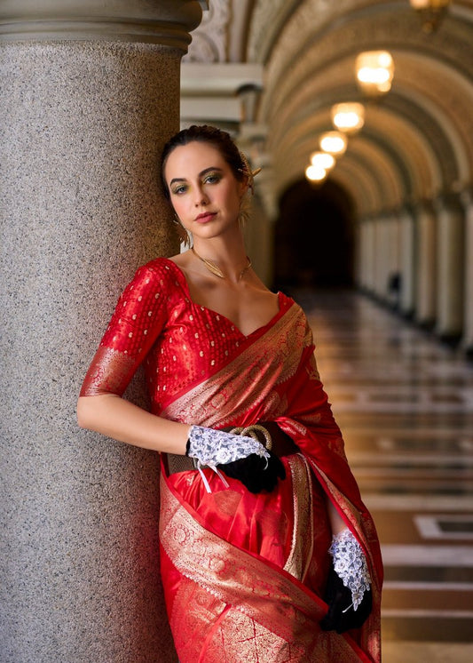 Bridal Red Woven Satin Silk Saree