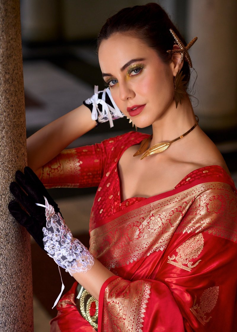 Bridal Red Woven Satin Silk Saree