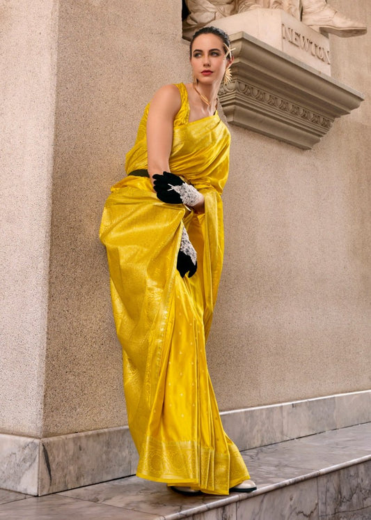 Vibrant Yellow Woven Satin Silk Banarasi Saree