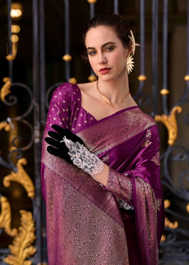 Eggplant Purple Woven Satin Silk Banarasi Saree