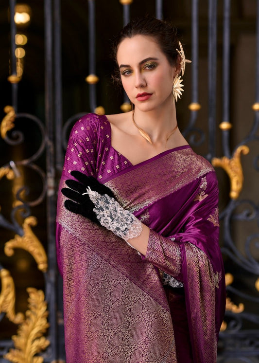 Eggplant Purple Woven Satin Silk Banarasi Saree