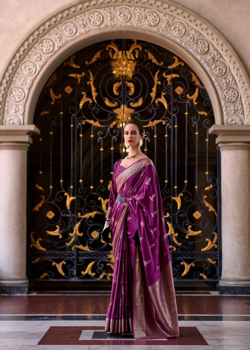Eggplant Purple Woven Satin Silk Banarasi Saree