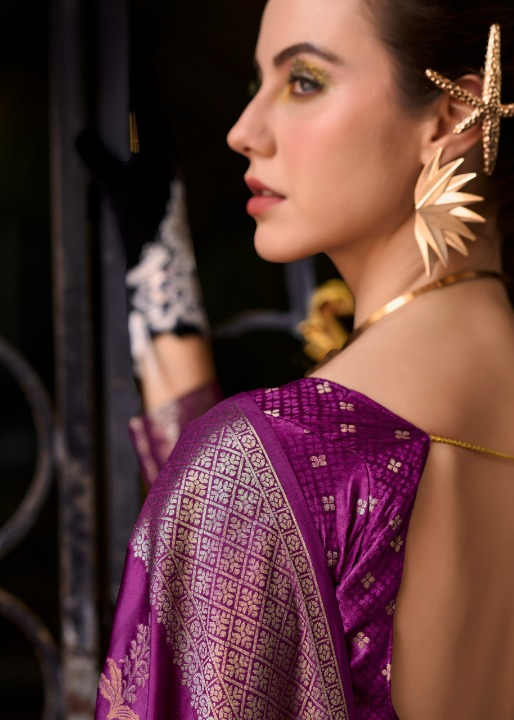 Eggplant Purple Woven Satin Silk Banarasi Saree