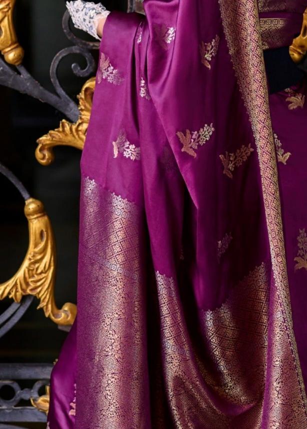 Eggplant Purple Woven Satin Silk Banarasi Saree
