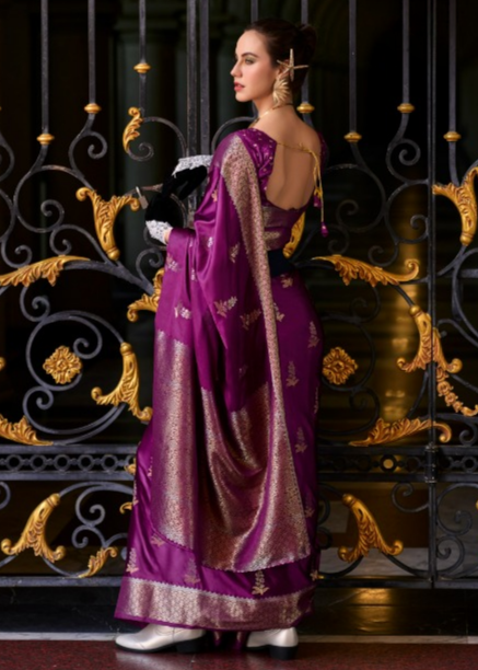 Eggplant Purple Woven Satin Silk Banarasi Saree