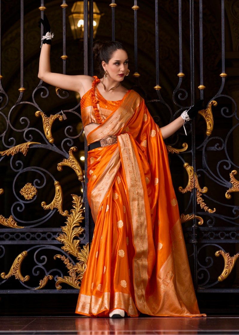 County Orange Woven Satin Silk Banarasi Saree