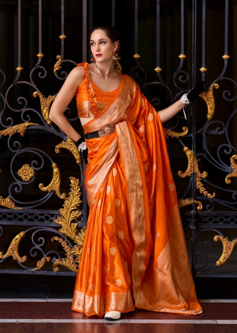 County Orange Woven Satin Silk Banarasi Saree