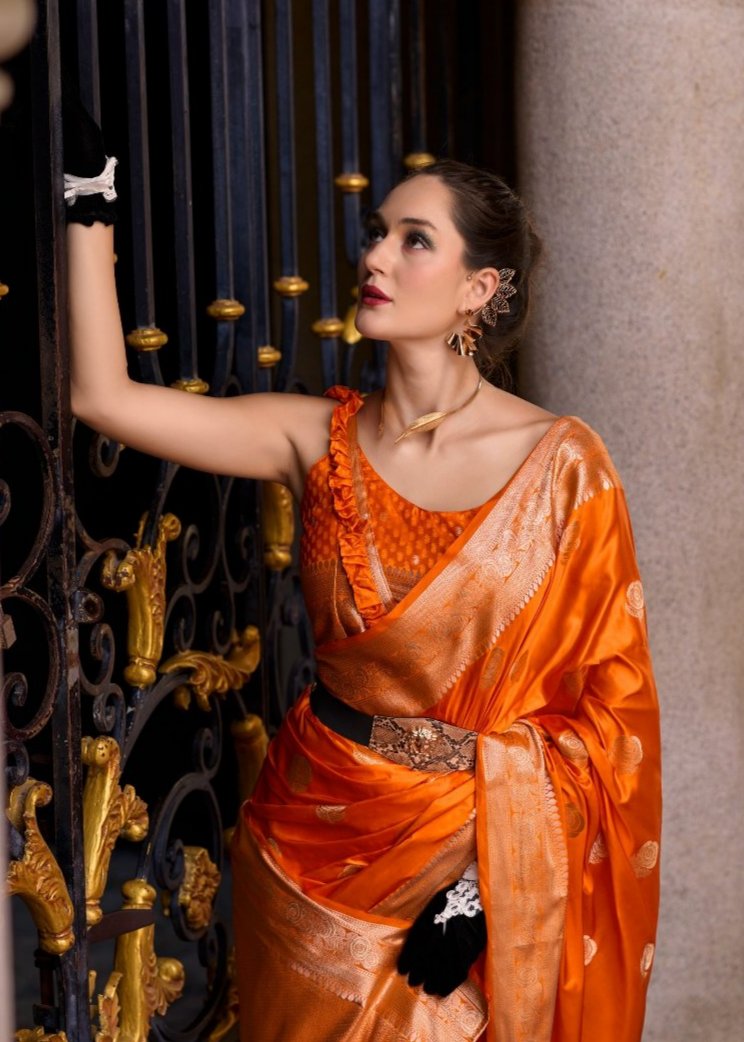 County Orange Woven Satin Silk Banarasi Saree