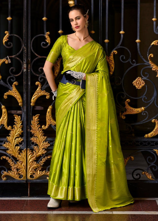 Lime Green Woven Satin Silk Banarasi Saree