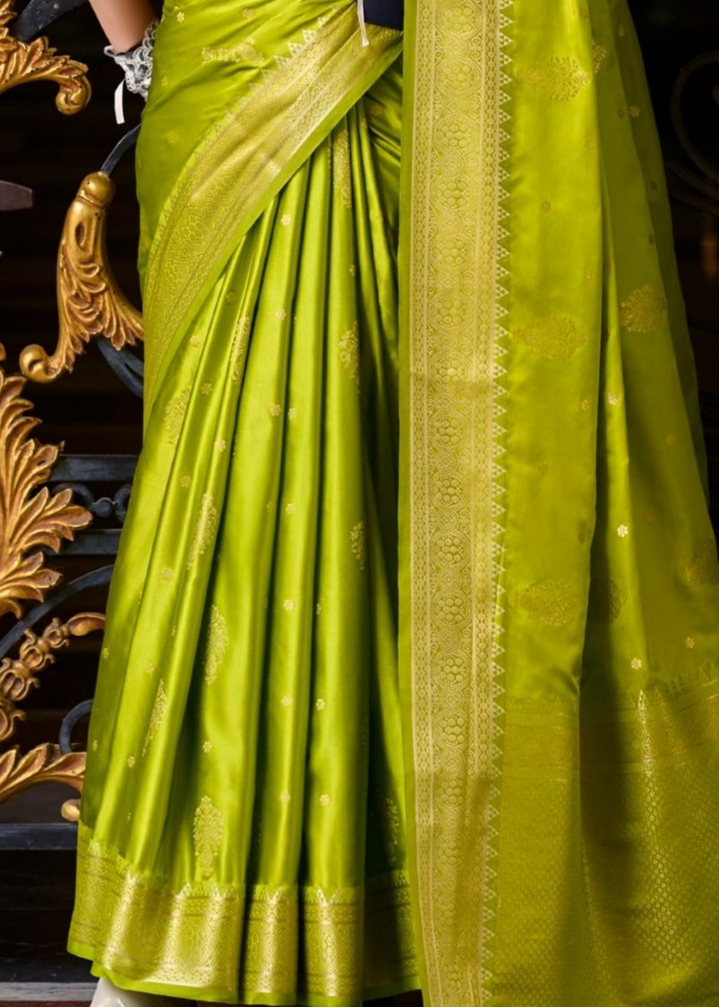 Lime Green Woven Satin Silk Banarasi Saree