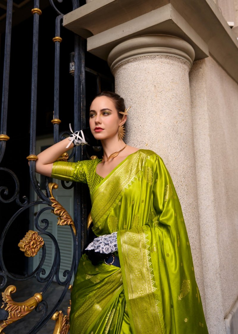 Lime Green Woven Satin Silk Banarasi Saree