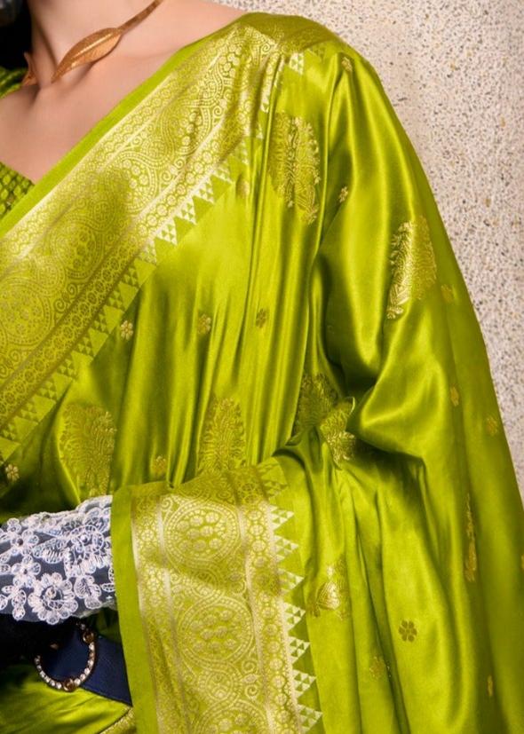 Lime Green Woven Satin Silk Banarasi Saree