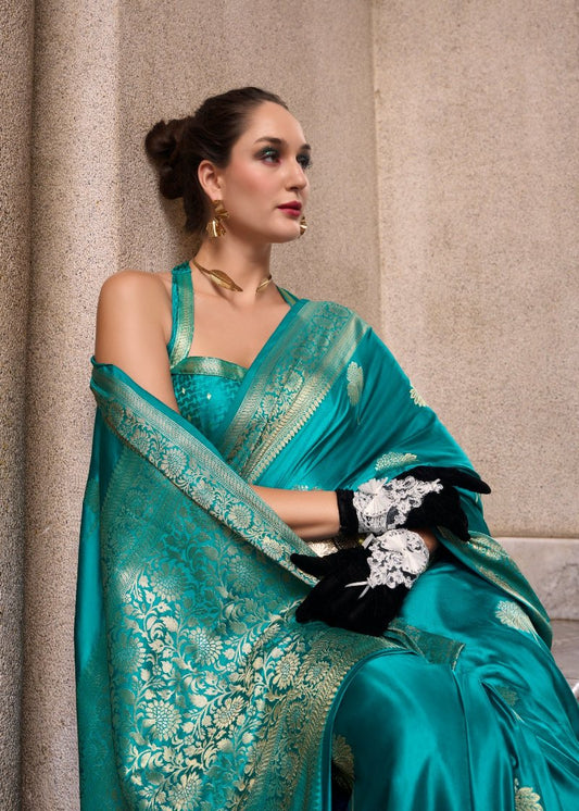 Rama Green Woven Satin Silk Banarasi Saree