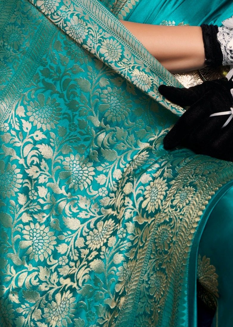 Rama Green Woven Satin Silk Banarasi Saree