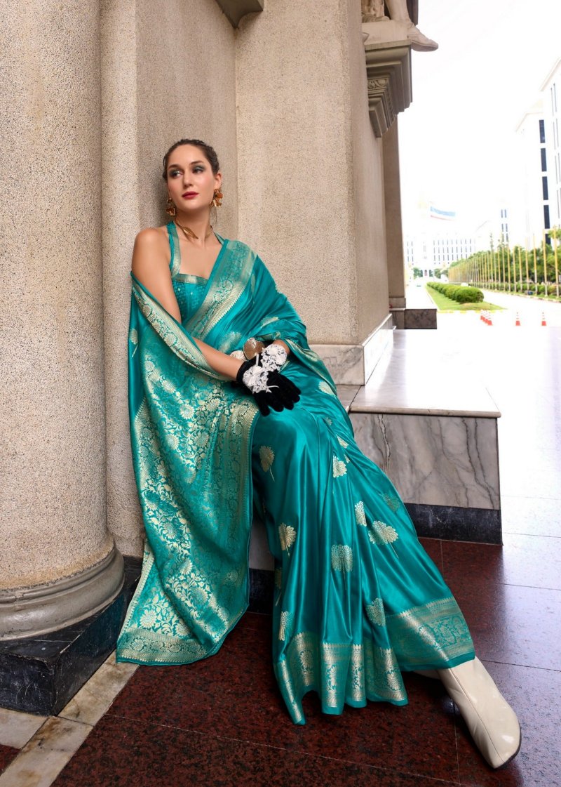 Rama Green Woven Satin Silk Banarasi Saree