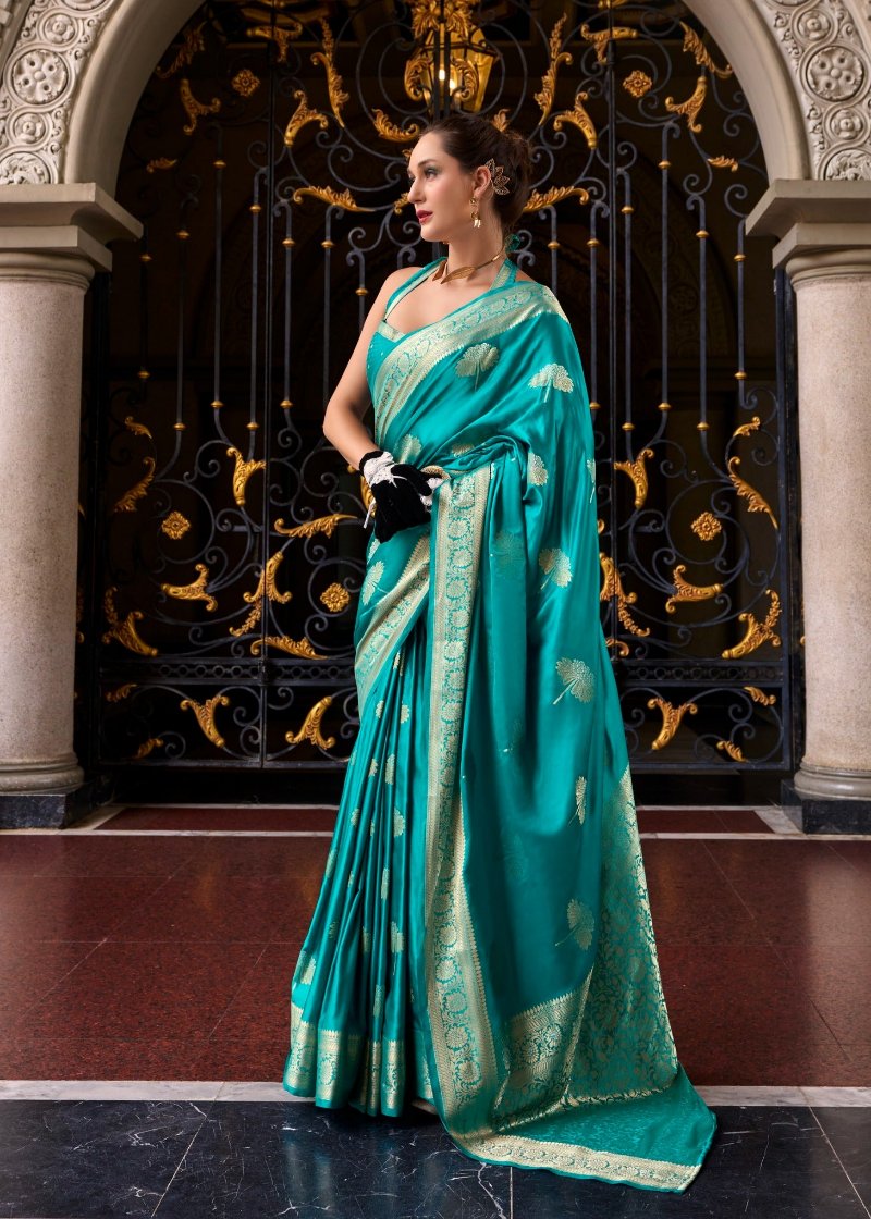 Rama Green Woven Satin Silk Banarasi Saree