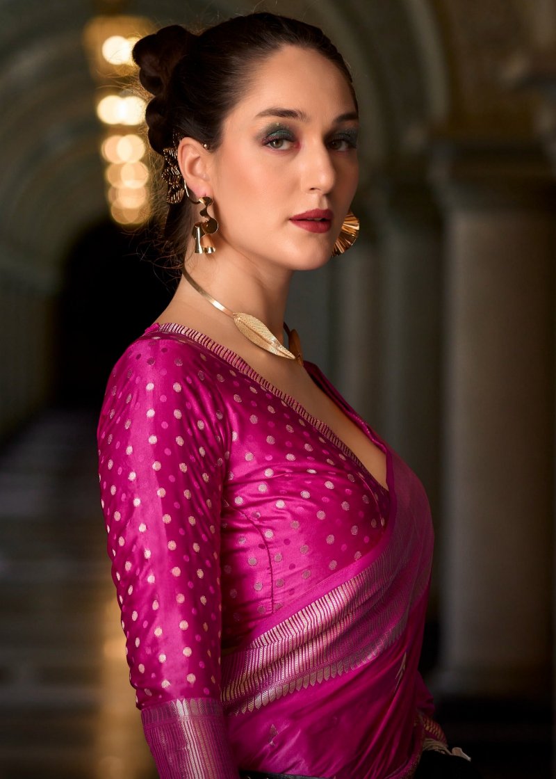 Hot Pink Woven Satin Silk Banarasi Saree