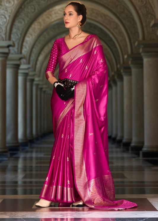 Hot Pink Woven Satin Silk Banarasi Saree