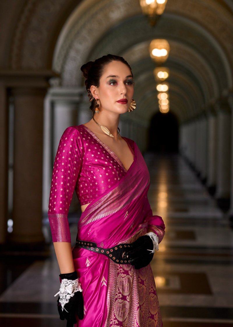 Hot Pink Woven Satin Silk Banarasi Saree