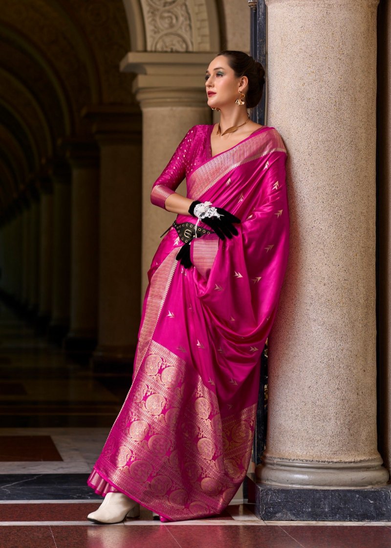 Hot Pink Woven Satin Silk Banarasi Saree