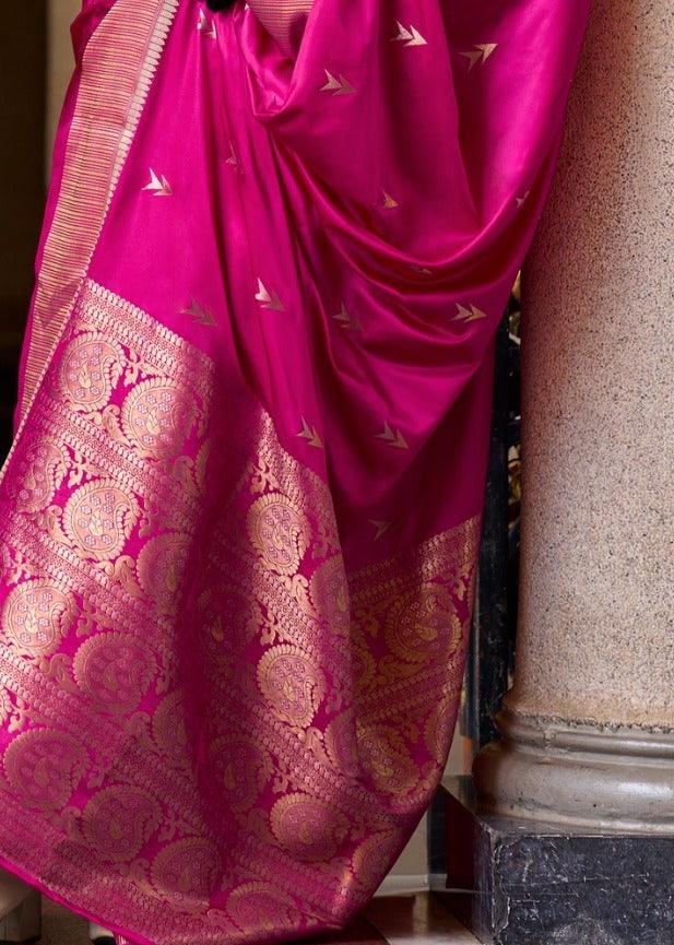 Hot Pink Woven Satin Silk Banarasi Saree