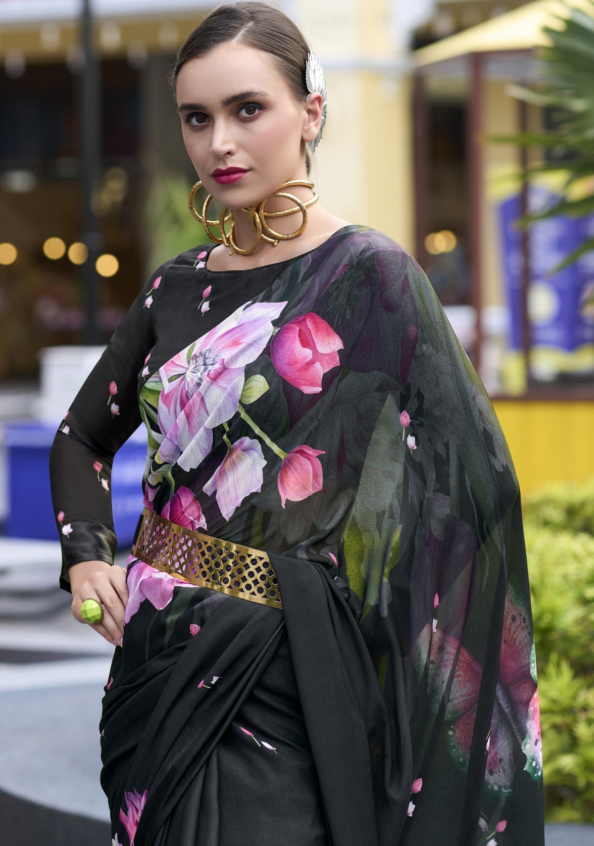 Shop Black Floral Georgette Pure Silk Sarees at STORI