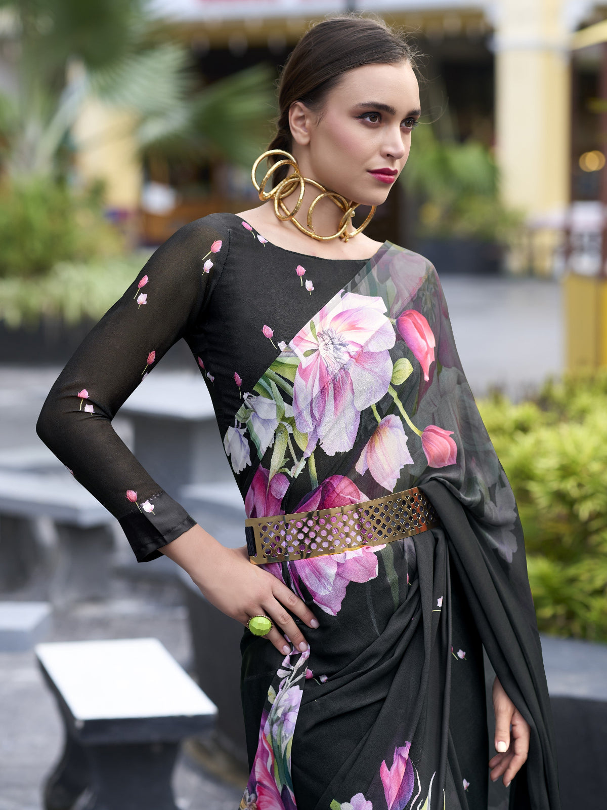Shop Black Floral Georgette Pure Silk Sarees at STORI