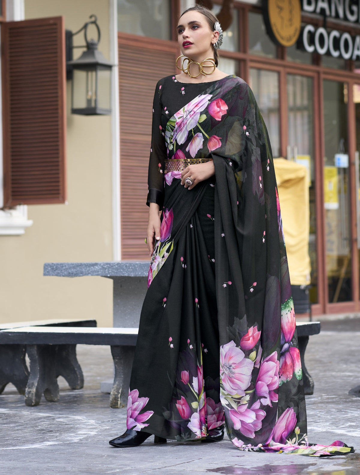 Shop Black Floral Georgette Pure Silk Sarees at STORI